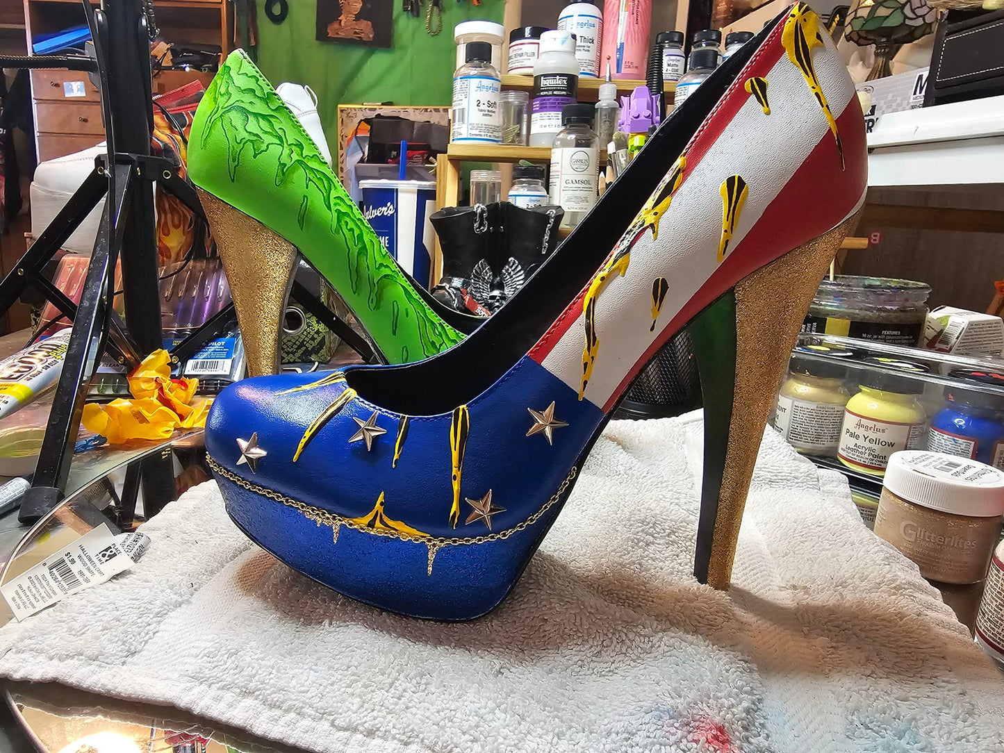 "Don't tread on me, drip.  American Slime," custom heels OOAK